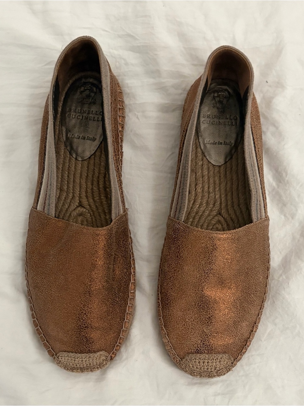 Brunello Cucinelli Bronze Leather Striped Espadrilles Size 7